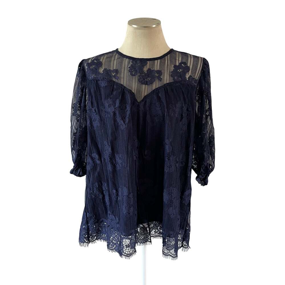 Blue Lace Overlay Sweetheart Neckline Blouse Plus Sz 2X Cruise Coastal Beach